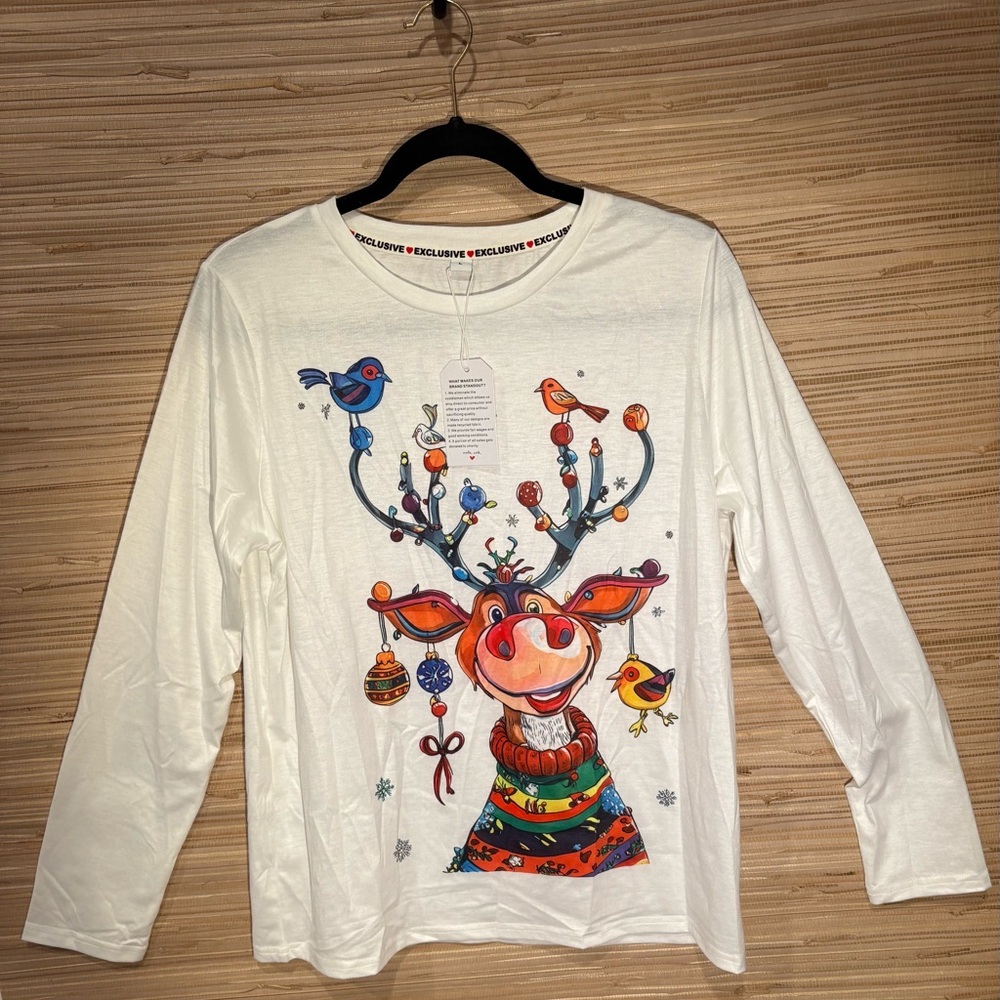 Festive White Reindeer Graphic Long Sleeve Tee